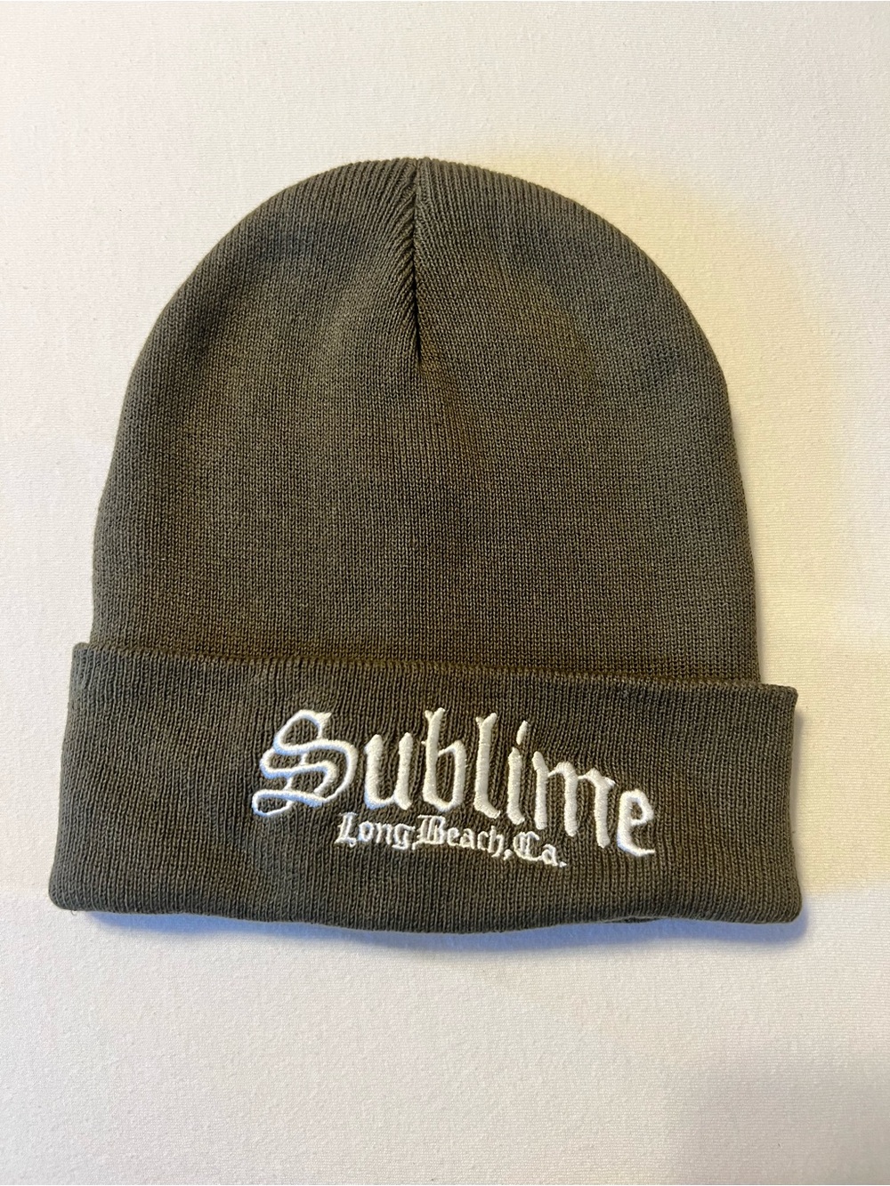 Sublime Embroidered Knit Beanie - Olive with White Logo | Adult One Size